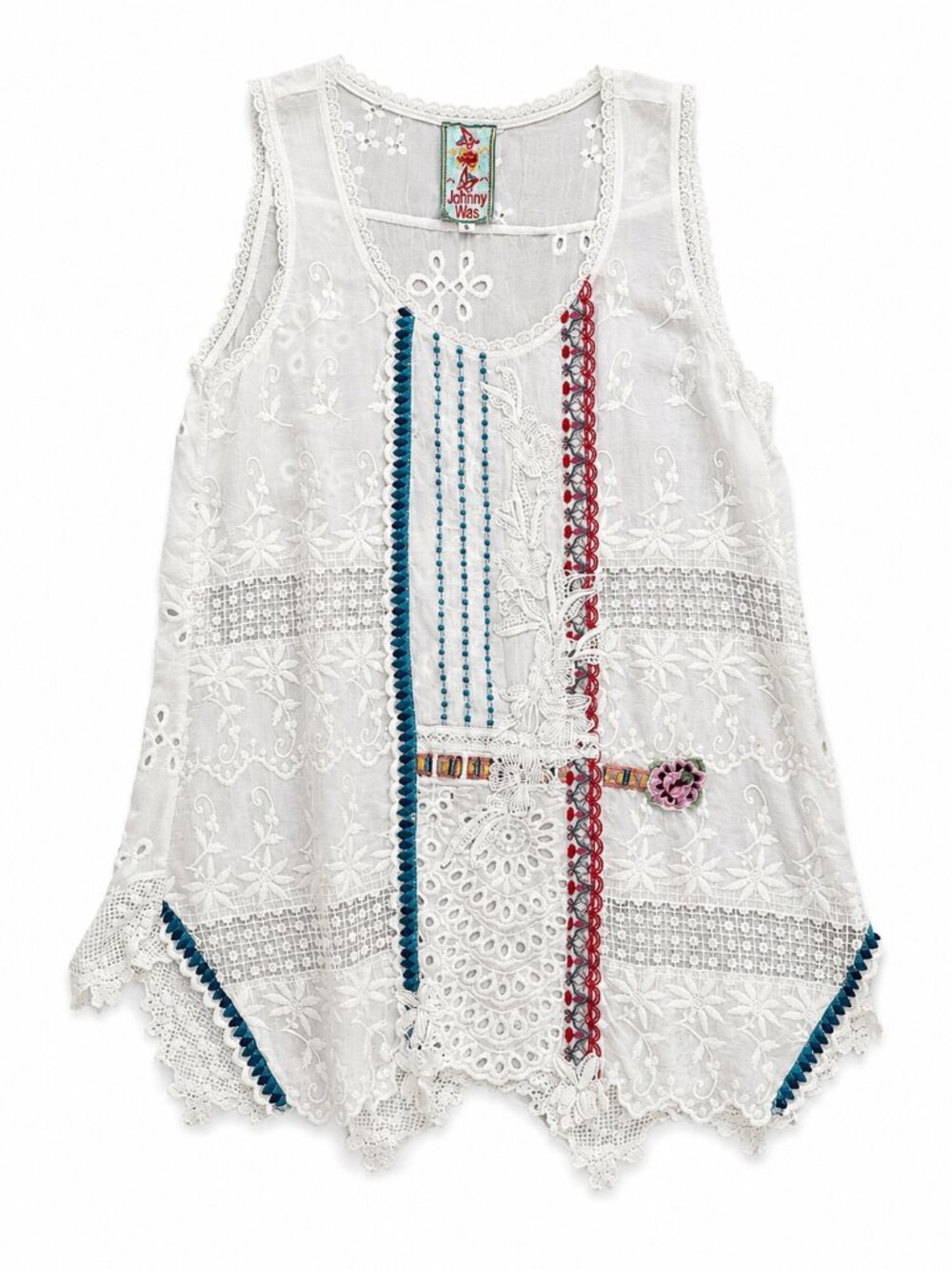 Johnny Was White Embroidered Lace Sleeveless Tunic Top Boho Festival Size Small
